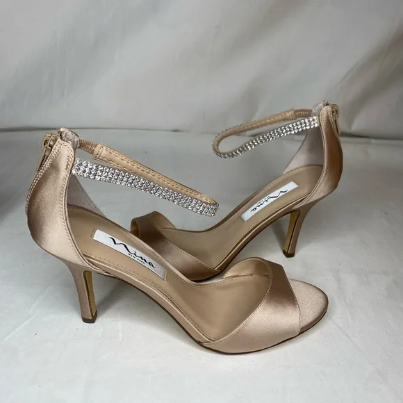 Women Nina Champagne Crystal Satin Ankle Strap High Heel Sandal 7.5M - Picture 6 of 9